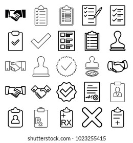 Agreement icons. set of 25 editable outline agreement icons such as handshake, stamp, tick, clipboard, checklist, check list, medical clipboard, cross