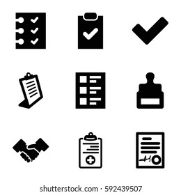 agreement icons set. Set of 9 agreement filled icons such as stamp, clipboard, tick, medical clipboard, checklist, signed document