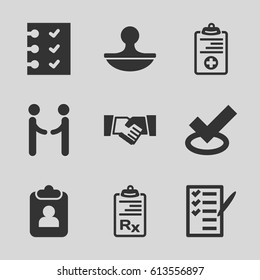 Agreement icons set. set of 9 agreement filled icons such as check list, medical clipboard, clipboard, checklist, stamp, handshake, shaking hands