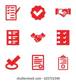 Agreement icons set. set of 9 agreement filled icons such as check list, medical clipboard, checklist, handshake, signed document