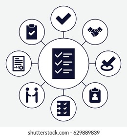 Agreement icons set. set of 9 agreement filled icons such as tick, checklist, handshake, signed document, shaking hands