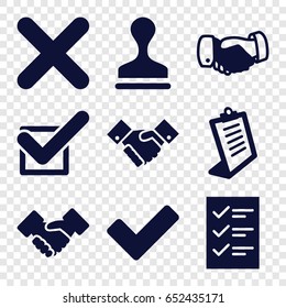 Agreement icons set. set of 9 agreement filled icons such as handshake, clipboard, stamp, tick, cross