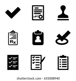 Agreement icons set. set of 9 agreement filled icons such as stamp, check list, tick, clipboard, signed document