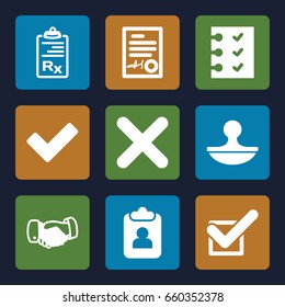 Agreement icons set. set of 9 agreement filled icons such as handshake, tick, clipboard, checklist, stamp, cross