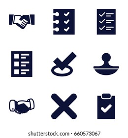 Agreement icons set. set of 9 agreement filled icons such as handshake, checklist, stamp, cross