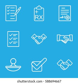 agreement icons set. Set of 9 agreement outline icons such as check list, clipboard, stamp, handshake, tick, signed document