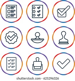 Agreement icons set. set of 9 agreement outline icons such as stamp, tick
