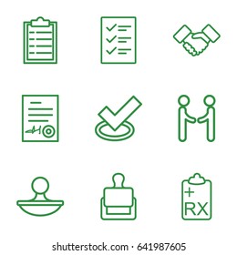 Agreement icons set. set of 9 agreement outline icons such as stamp, clipboard, signed document, handshake, checklist, tick
