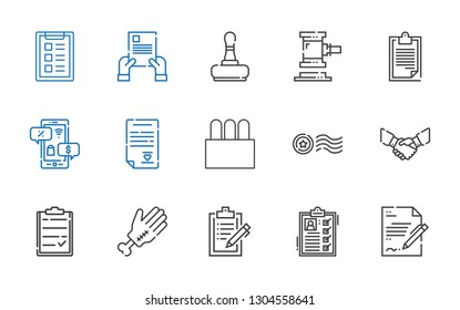 agreement icons set. Collection of agreement with contract, list, clipboard, hand, handshake, stamp, tampon, wedding contract, negotiation. Editable and scalable agreement icons.