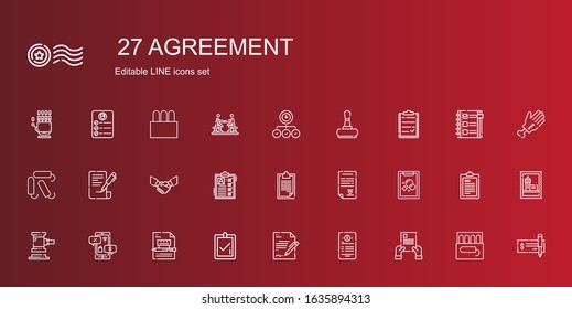 agreement icons set. Collection of agreement with contract, correct, negotiation, auction, tasks, wedding contract, clipboard, list, handshake. Editable and scalable agreement icons.