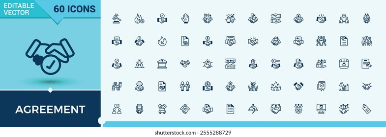Agreement icons set in line style. Related to success, team, web, person, finance, meeting, company and more. Thin outline icons pack. Editable vector illustration.