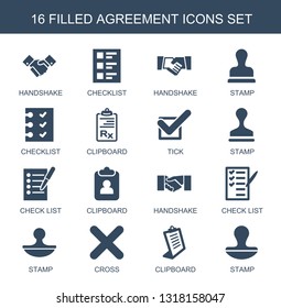 agreement icons. Trendy 16 agreement icons. Contain icons such as handshake, checklist, stamp, clipboard, tick, check list, cross. agreement icon for web and mobile.