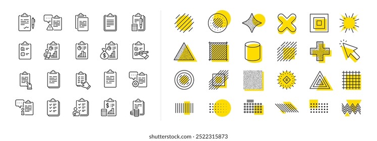 Agreement info, Clipboard manager, Accounting Report. Design shape elements. Checklist documents line icons. Medical schedule, Document list and Voting checklist line icons. Vector