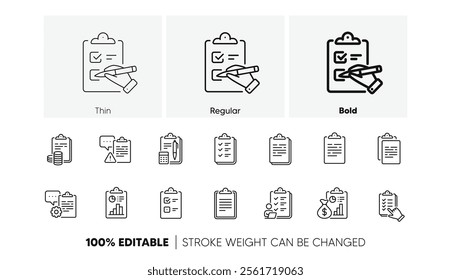 Agreement info, Clipboard manager, Accounting Report. Checklist documents line icons. Medical schedule, Document list and Voting checklist line icons. Data calculation, Contract document. Vector