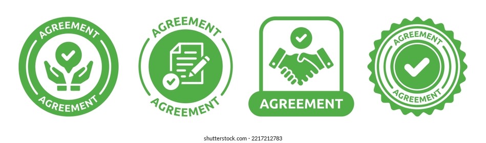 Agreement label icon set. Business contract sign collection.