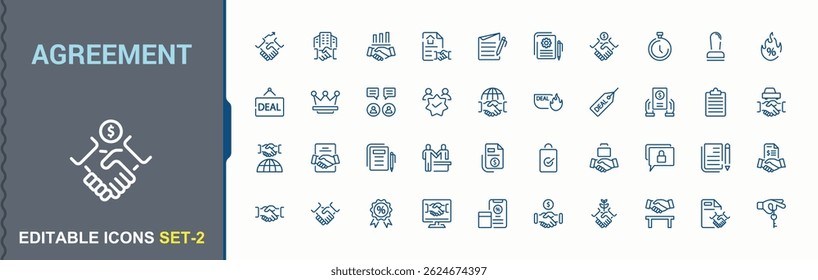 Agreement line icon set. Contains outline symbols like agree, collaboration, partner, relationship and more. Deal simple icon set. Minimalist linear icons. Pixel perfect. Editable stroke.