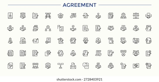 Lineare Symbolsammlung für Vereinbarung. Moderne Symbole für dünne Linien. Mit Check, Konsens, Genehmigung, Vergleich, Team, Deal. Bearbeitbare Strichauflistungen. Konsensus-Vektorsymbol-Set.