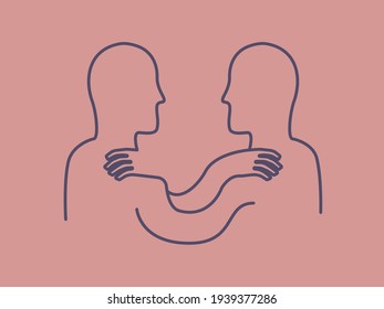 Agreement minimalist symbol. Line art abstract illustration about unity. Two people face to face looking to each other and holding hands on shoulders. Vector.