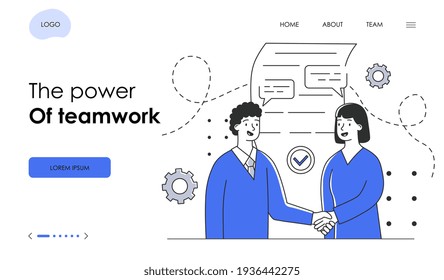 Agreement of parties, signing documents, company hiring manager welcoming new employee. Meeting for negotiations. Flat abstract metaphor outline cartoon vector illustration concept. simple, isolated.