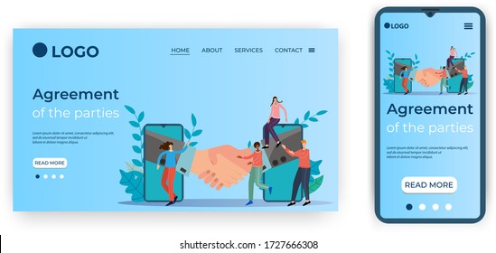 Acuerdo de las partes.Plantilla para la interfaz de usuario de la página principal del sitio web.Plantilla de página de inicio.Diseño adaptable de la ilustración smartphone.vector.