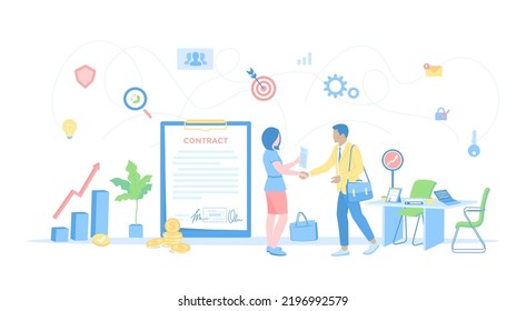 Agreement, Partnership. Business people shaking hands after signing contract. Sponsoring, Business idea, Startup, Success deal. Vector illustration flat style.