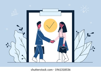 Agreement, partnership, deal concept. Office workers partners standing and shaking hands after successful negotiations online vector illustration 