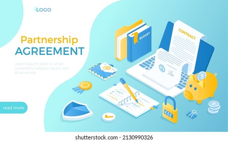 Agreement Partnership Deal. Successful business concept. Online contract inspecting and signing, document with electronic signature, stamp. Isometric vector illustration for website.