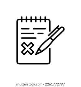 Agreement rejected thin line icon. Document with cross mark. Decline claim, form. Wrong information. Modern vector illustration.