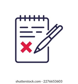 Agreement rejected thin line icon. Document with cross mark. Decline claim, form. Wrong information. Modern vector illustration.
