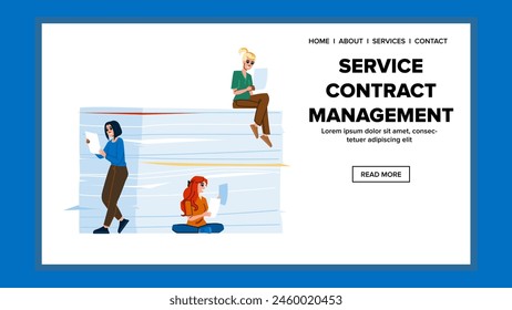 agreement service contrac management vector. vendor procurement, compliance renewal, performance tracking agreement service contrac management web flat cartoon illustration