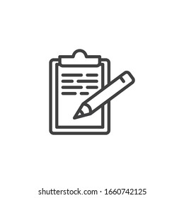 Agreement signature line icon. Clipboard document and pen linear style sign for mobile concept and web design. Report writing outline vector icon. Symbol, logo illustration. Vector graphics