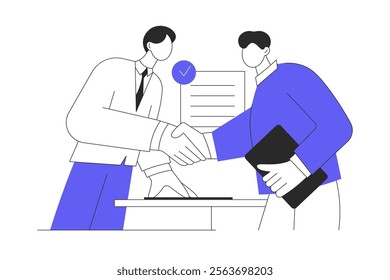 Agreement or signing paper and digital contract. Businessman sign contract. Entrepreneurs making deal. Handshake. Flat Cartoon Vector Illustration, icon. Stylish abstract Blue 