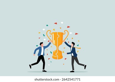 Agreement or solution to win together, solution for best result, teamwork to help success and achieve common goal concept, entrepreneur connects the pieces of the trophy puzzle to win together.