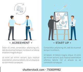 Agreement and startup set of posters with text. Vector illustration of businessmen shaking hands and male dressed in grey suit presenting new projec
