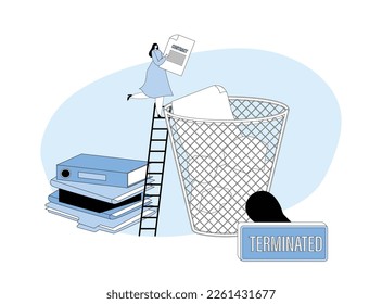 Agreement Termination Concept with Tiny Female Character Throw Contract Document into Huge Litter Bin with Paper Sheets. Crisis, Bankruptcy or Cancellation Business Scene. Cartoon Vector Illustration