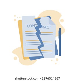 Agreement Termination, Contract Cancellation Concept. Partnership breaking signed business deal. Vector illustration in flat style.