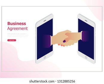 Agreement together with smartphone technology. Flat design, background for business and finance, vector illustration.