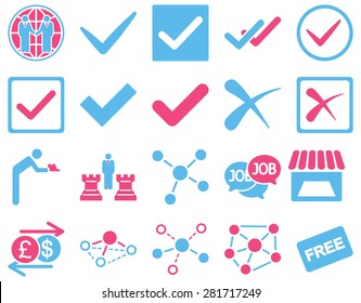 Agreement and trade links icon set. These flat bicolor symbols use pink and blue colors. Vector images are isolated on a white background. Angles are rounded.