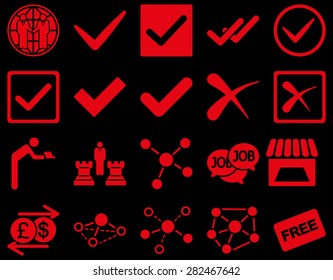 Agreement and trade links icon set. These flat symbols use red color. Vector images are isolated on a black background. Angles are rounded.