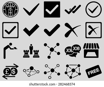 Agreement and trade links icon set. These flat symbols use black color. Vector images are isolated on a light gray background. Angles are rounded.