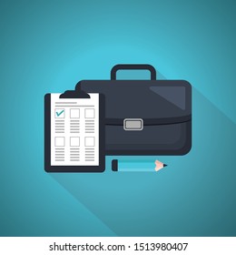 Agreement, treaty, sign a contract concepts. Flat design. Clipboard and document with seal. Briefcase, pen, magnifying glass with check mark. Blue Theme Concept.