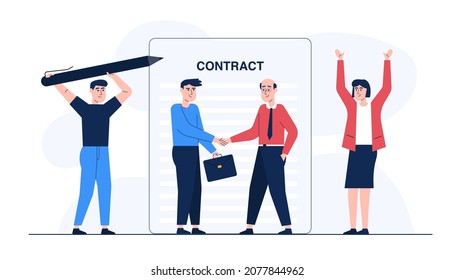 Agreement. Two business people signed contract deal for partnership business. Success businessman sign for investment contract or job offer agreement. Vector illutration flat style