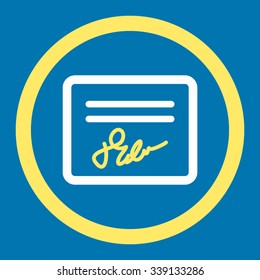 Agreement vector icon. Style is bicolor flat rounded symbol, yellow and white colors, rounded angles, blue background.