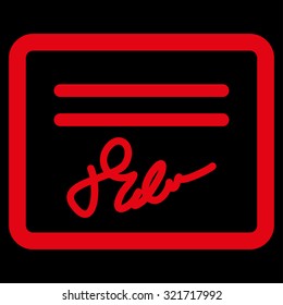 Agreement vector icon. Style is flat symbol, red color, rounded angles, black background.