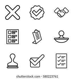 agreement vector icons. Set of 9 agreement outline icons such as clipboard, stamp, checklist, tick, cross