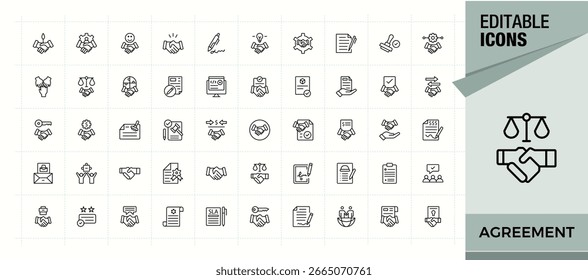 Conjunto de iconos de línea de Vector de Acuerdo. Consenso conjunto de iconos simples. Contiene íconos como trato, Aprobación, cheque, liquidación, mano, equipo y más. Píxel perfecto. Trazo editable.