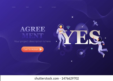 Agreement web page template. YES word and three astronauts. Vector metaphor of positive business response, approval or finding solution.
