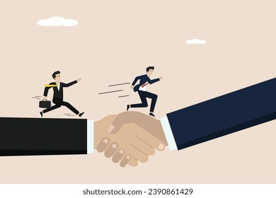 Agreements, business agreements, mutual agreements, people running over obstacles hand in hand towards mutual success.
