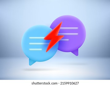 Agressive dispute concept with speech bubbles and flash sign. 3d vector illustration