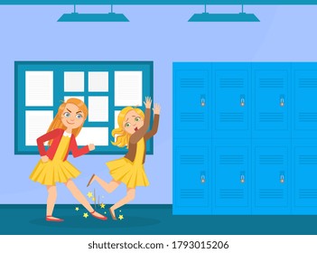 Agressive Girl Tripped Her Classmate, Bullying and Mocking at School Cartoon Vector Illustration